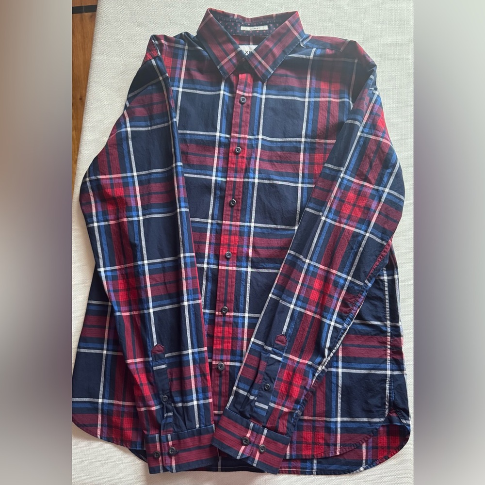 Express Red Blue Plaid Button Down Fitted Collared Shirt Large Neck 16" - 16.5"